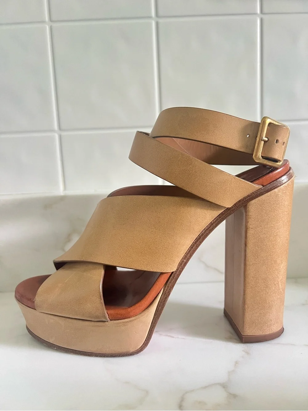 Authentic Chloe Tan Crossover Ankle Strap Platform Heels - Women’s 38.5